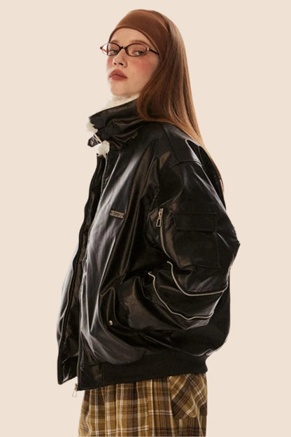 Retro PU Leather Lambswool Jacket