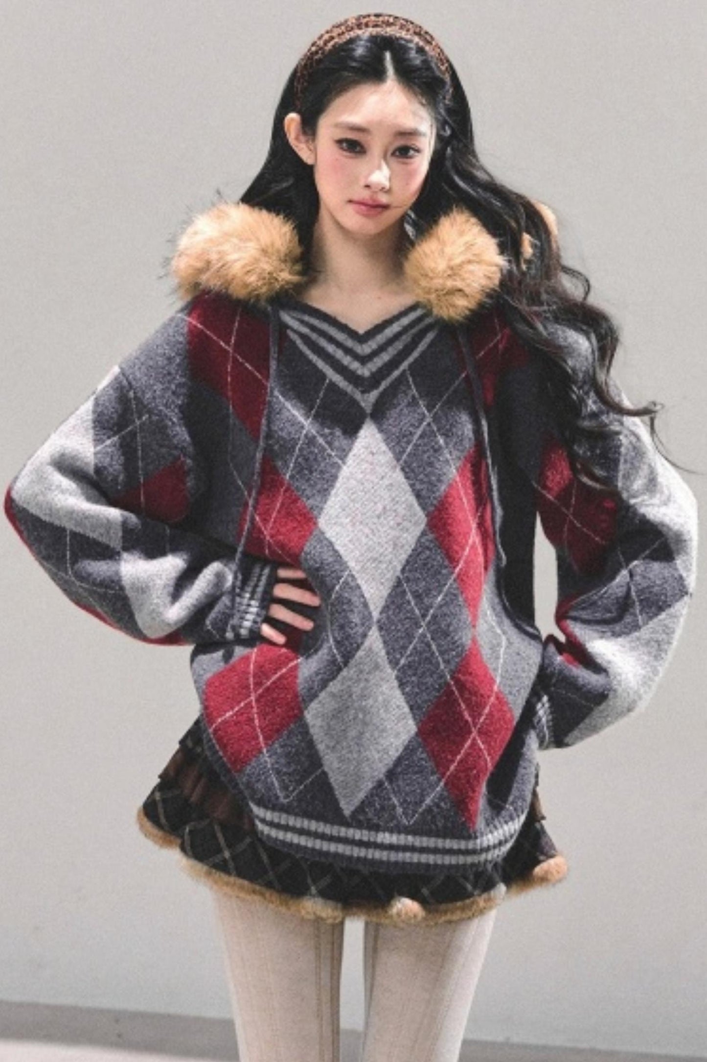American College Style Fur Collar Sweater