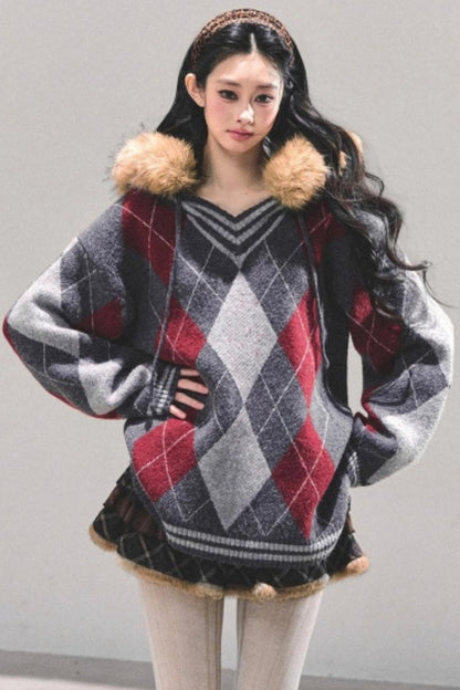 American College Style Fur Collar Sweater