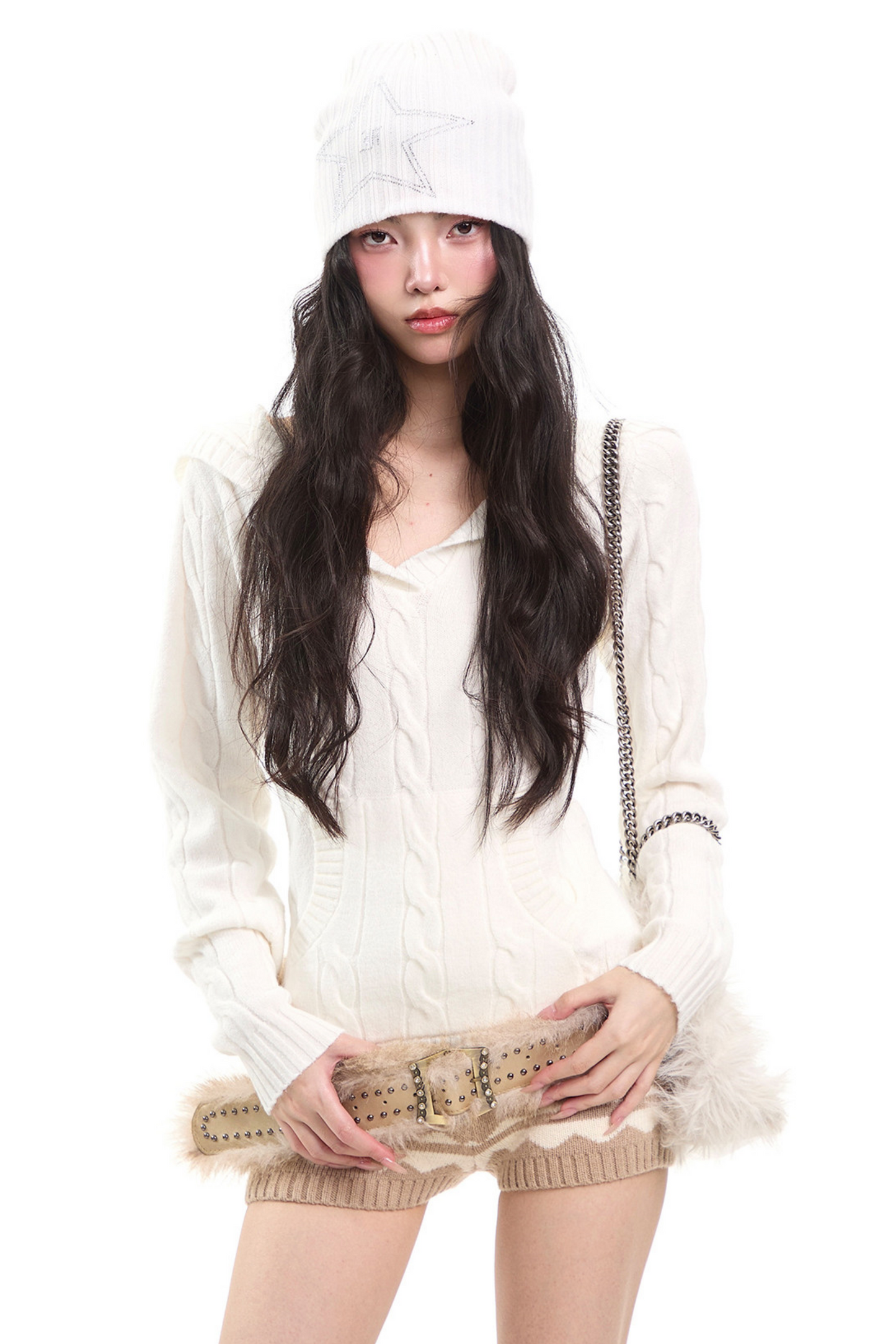 Retro V Neck Hooded Knitwear Top