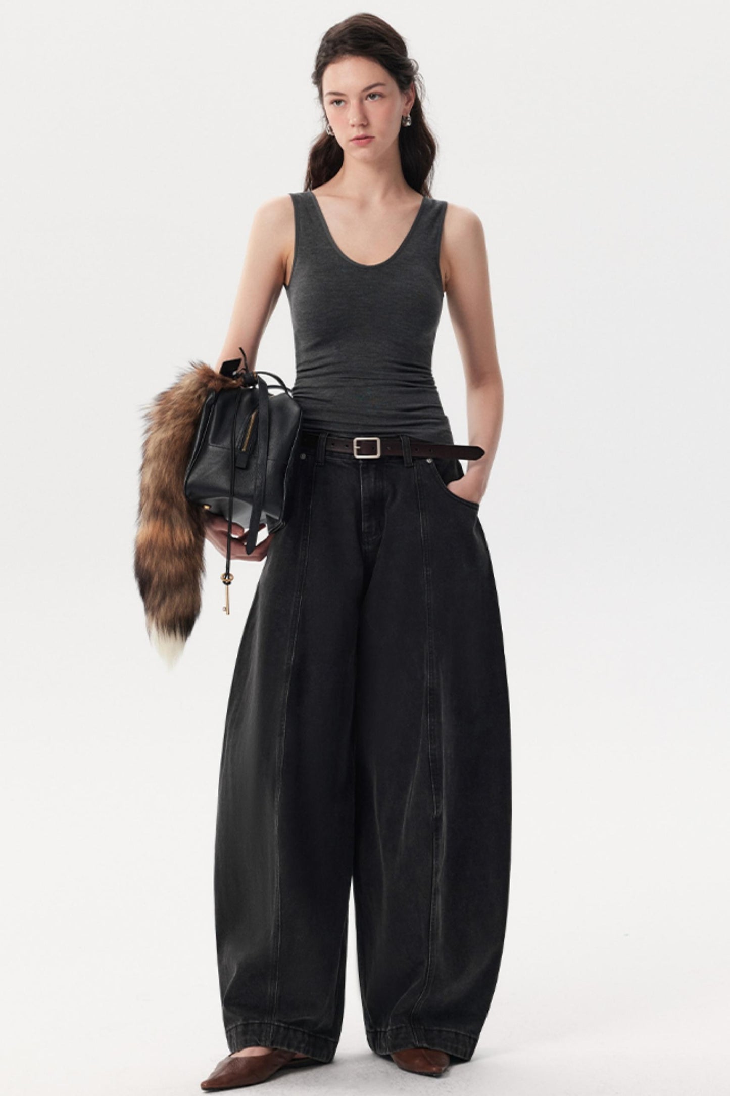 Black Pinch Wide-Leg Jeans Pants