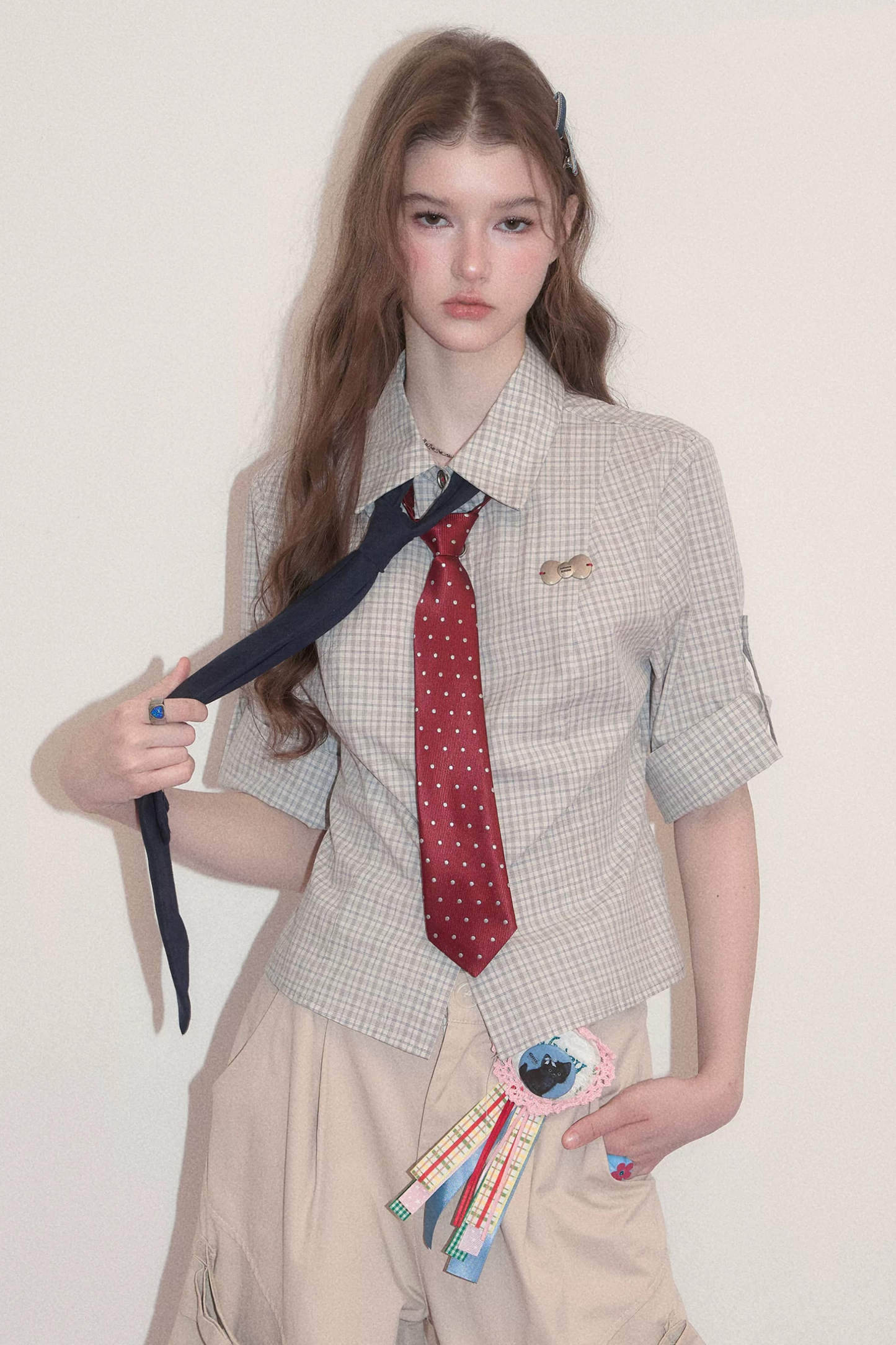 Camicia a maniche corte a quadri grigio chiaro