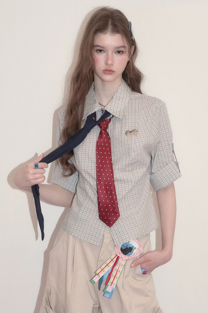 Camicia a maniche corte a quadri grigio chiaro