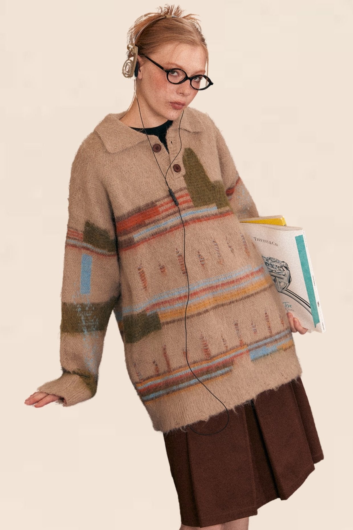 Retro Ripped Color-Blocked Knit Sweater