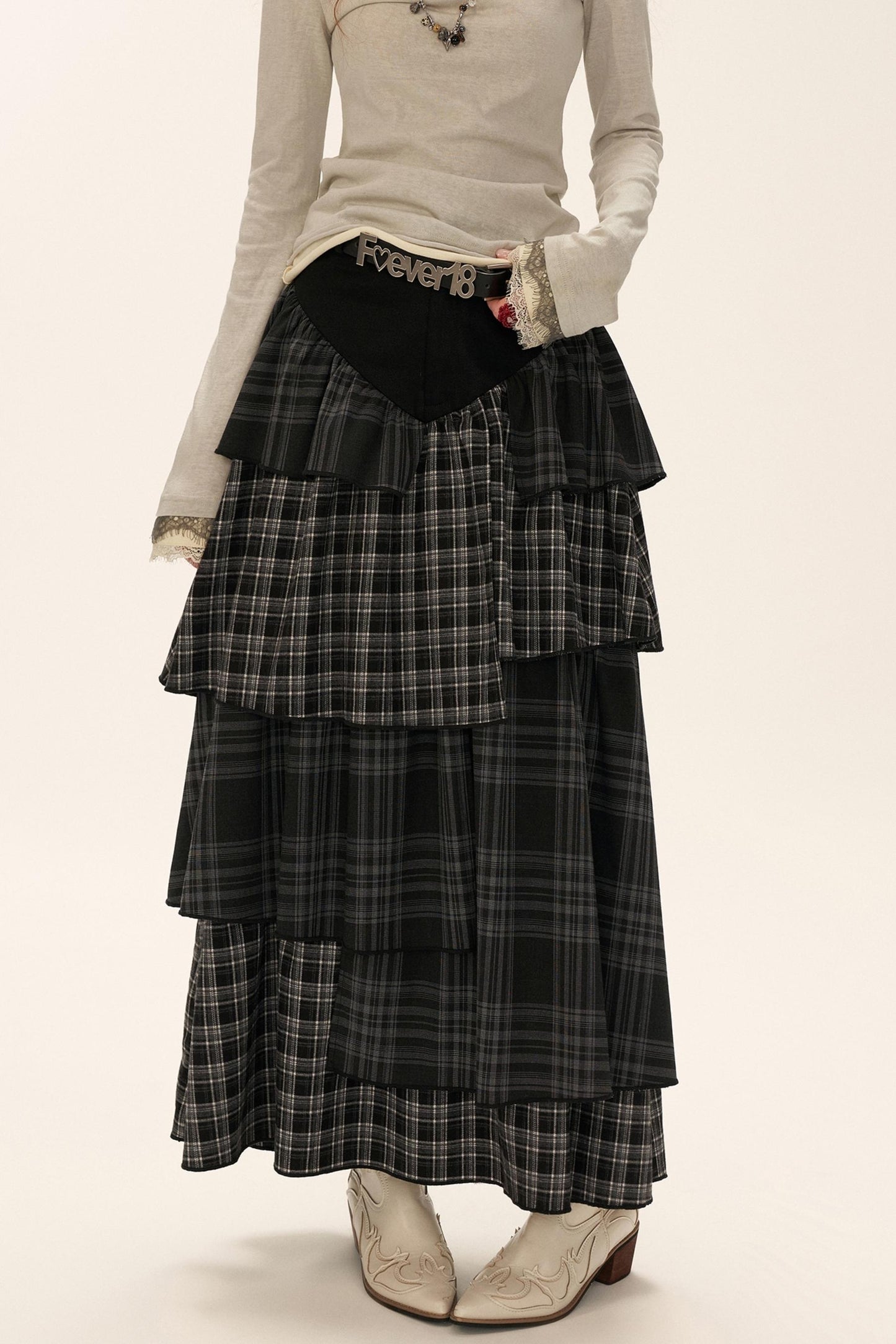 Black Gray Layered Long Skirt