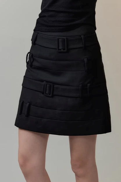 Faux Belt Patchwork Skirt