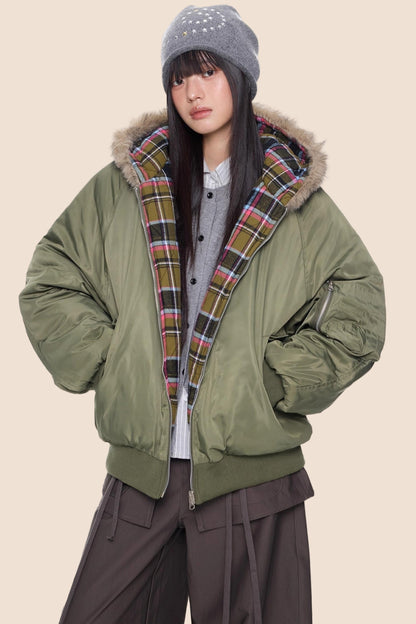 Fur Collar Plaid Parka Jacket