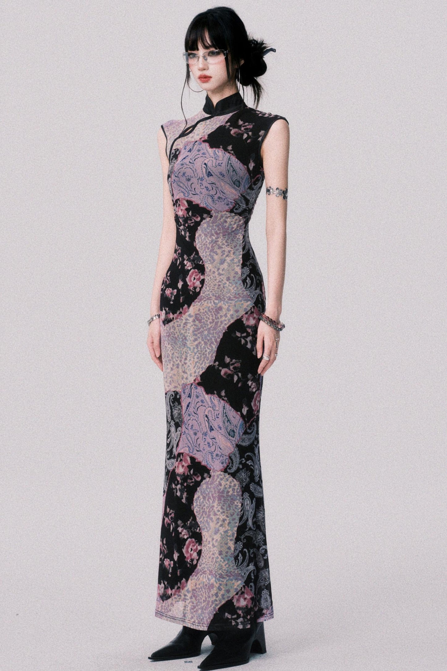 Smokey Purple Color-Block Cheongsam Dress