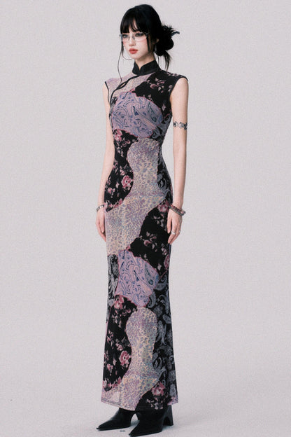 Smokey Purple Color-Block Cheongsam Dress