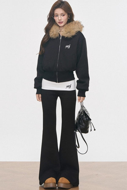 Fur Collar Sweatshirt Jacket Set-Up