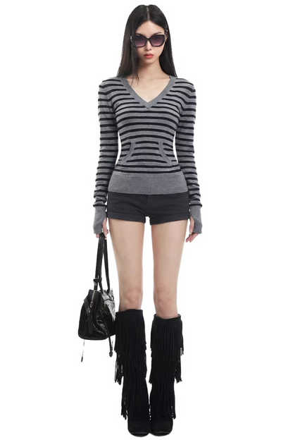 Retro Striped Hooded Knit Top