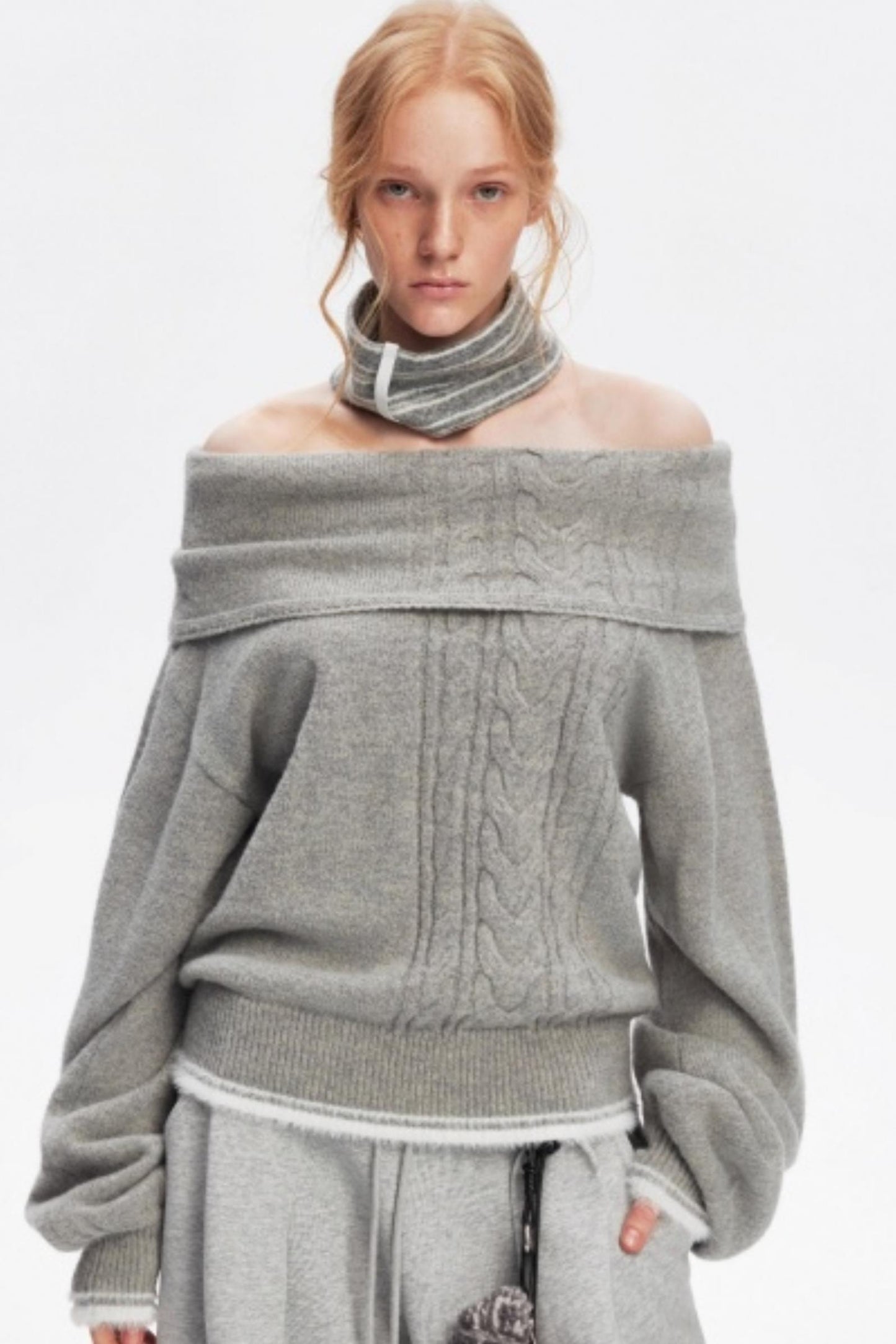 Off-Shoulder Color-Blocked Knit Sweater