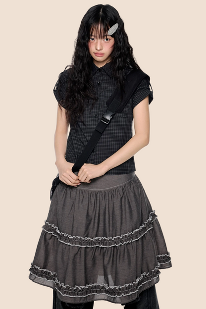 Plaid Retro Short Blouse Set-Up