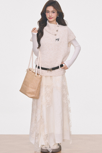 실버 버튼 플러터 스웨터 탑 셋업