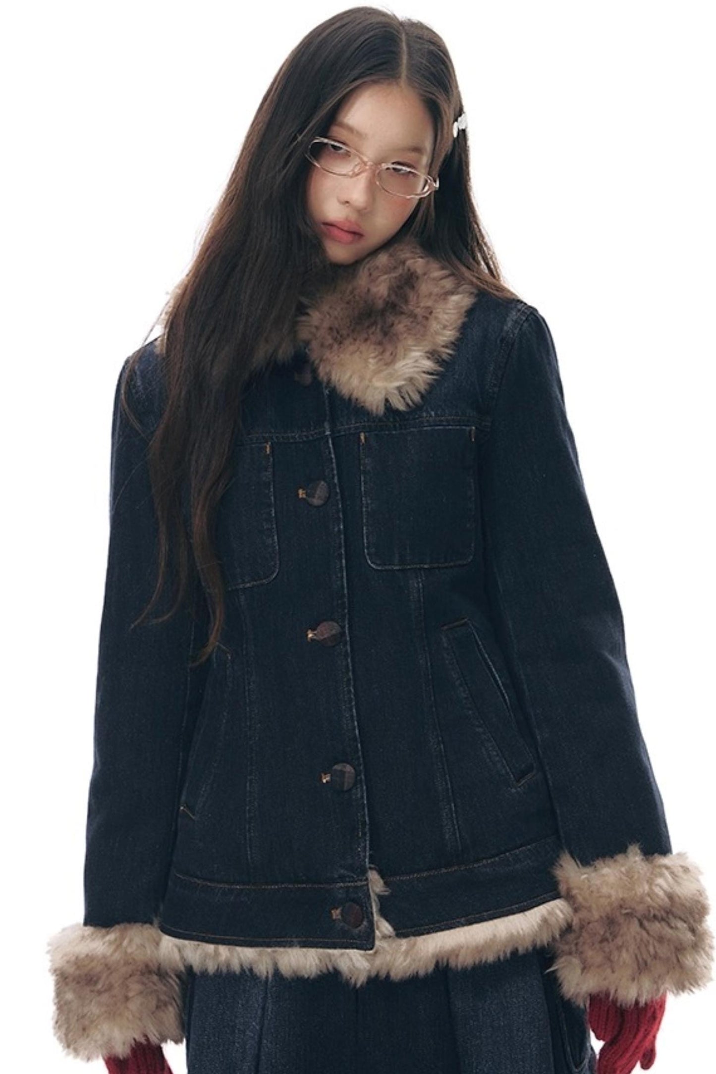 Detachable Fur Collar Denim Jacket Set-Up