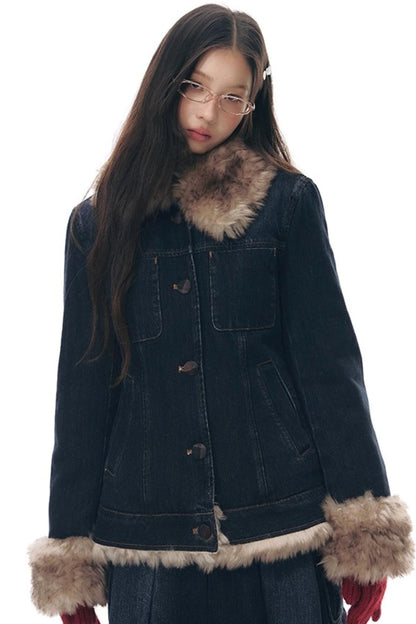 Detachable Fur Collar Denim Jacket Set-Up