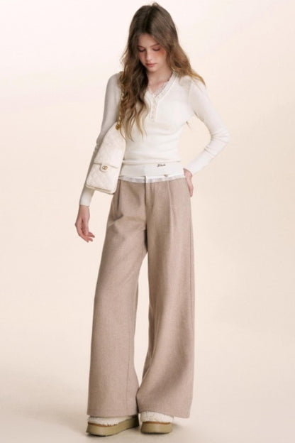 Lace Patchwork Wool Wide-Leg Pants