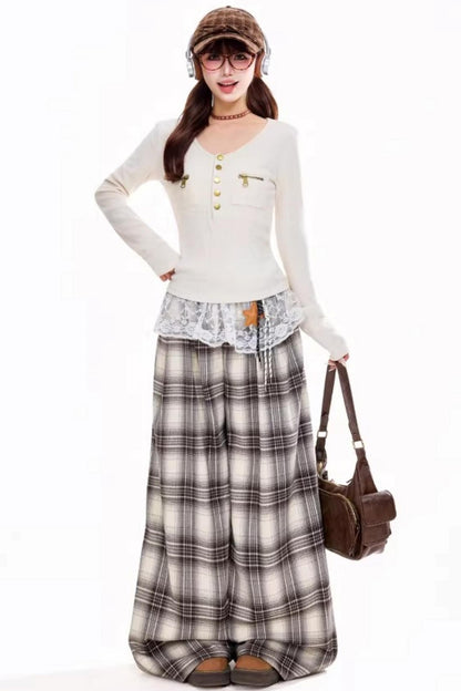 Zipper V-Neck Long-Sleeve Top