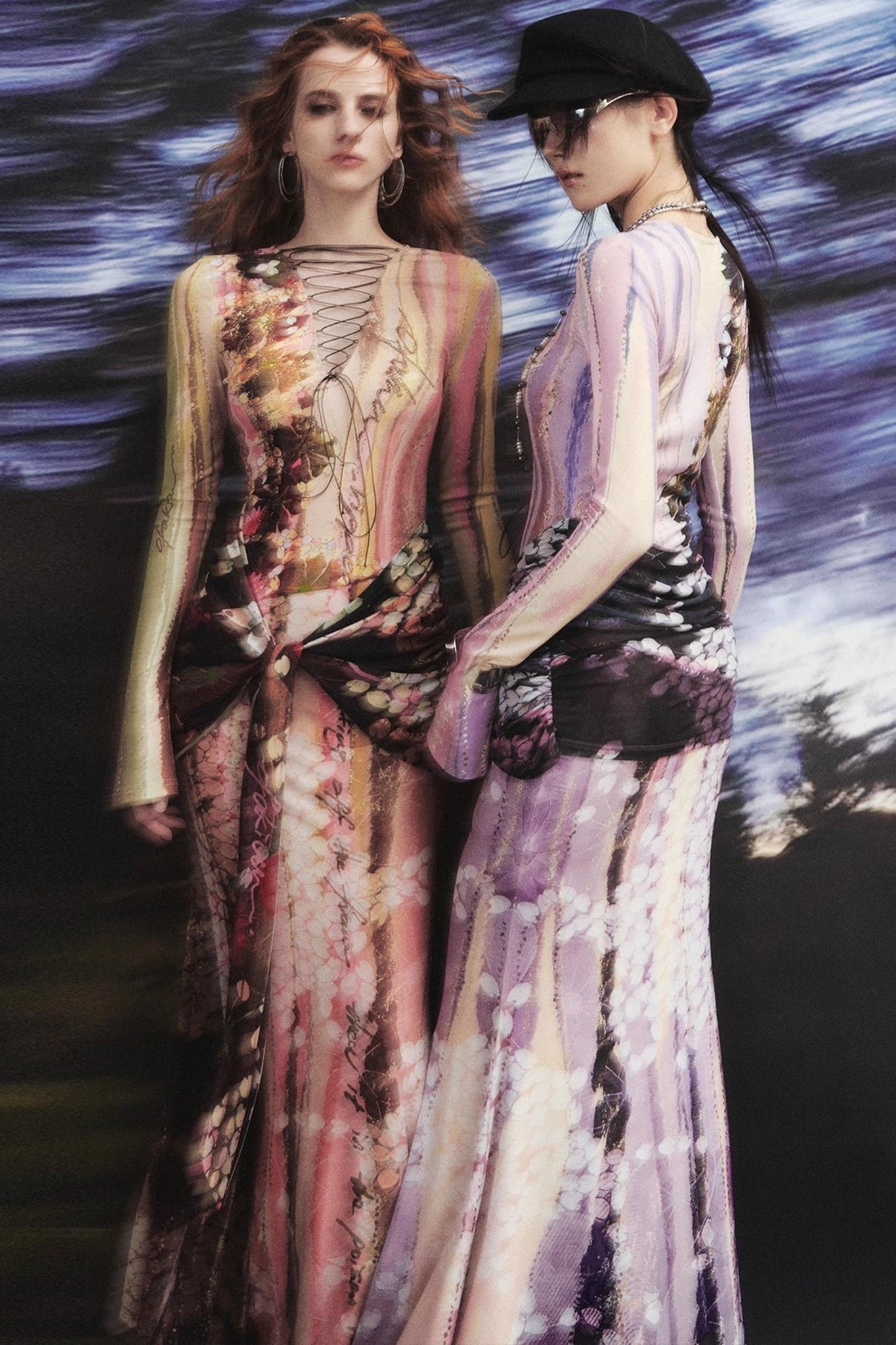 Lotus Print Fake Two-Piece Mermaid Dress