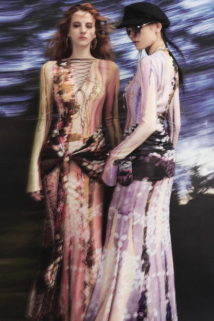 Lotus Print Fake Two-Piece Mermaid Dress