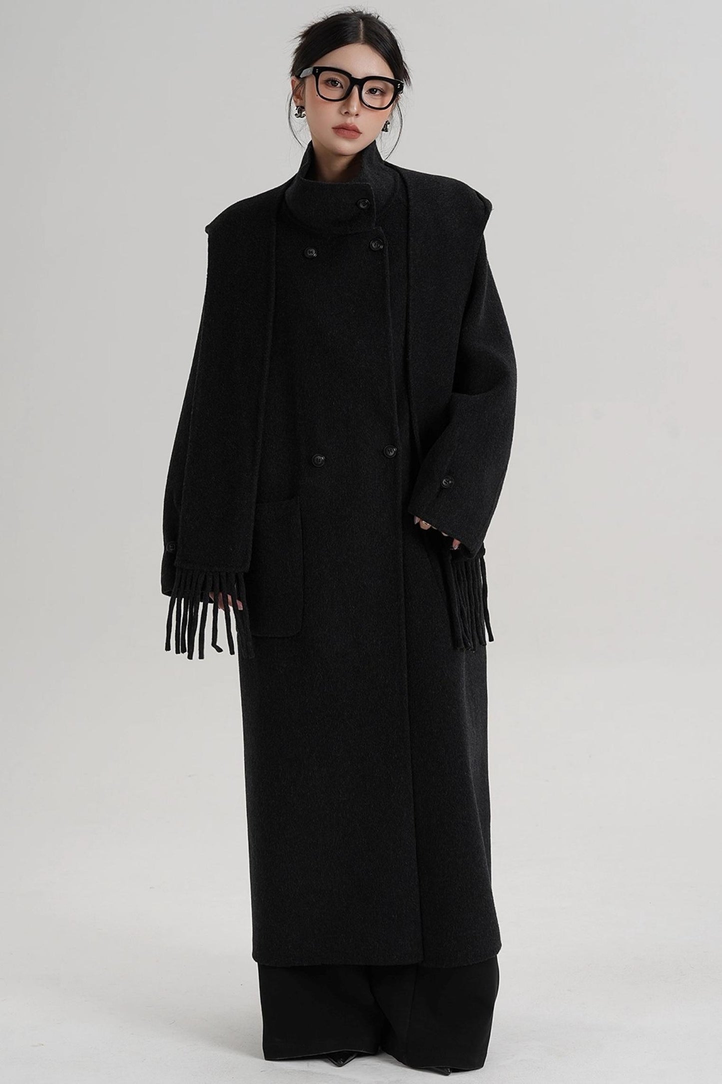 Temperament Hooded Scarf Wool Coat