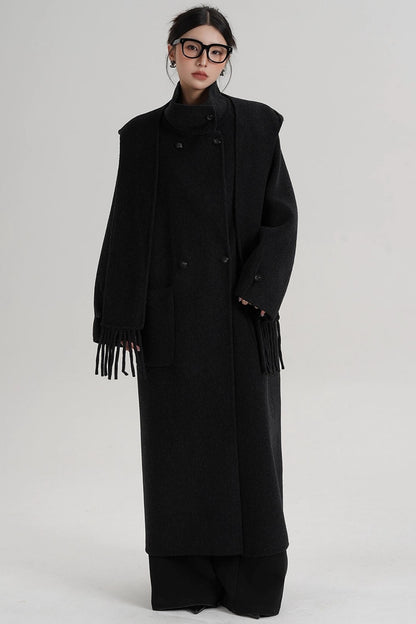 Temperament Hooded Scarf Wool Coat