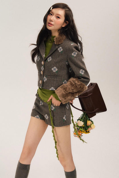 Retro Embroidery Tweed Fur Shorts Set-Up