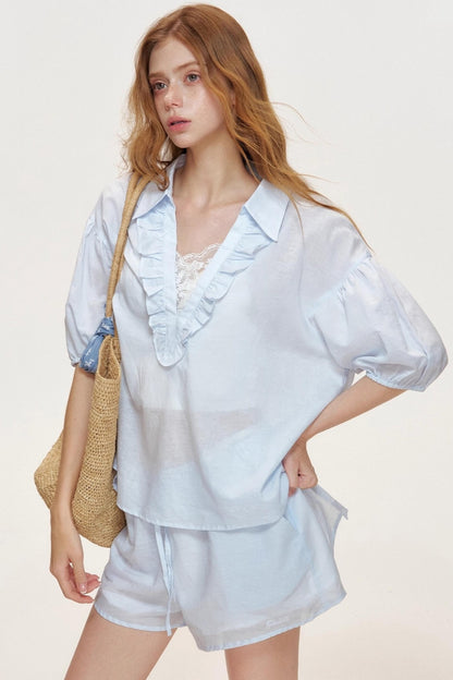 Blue Ocean Linen Cotton V-Neck Stitched Shorts Set-Up