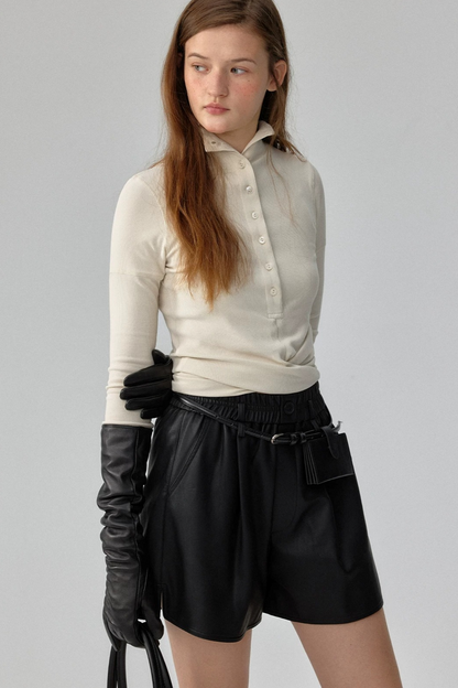 Ribbed Tie-Detail Stand Collar Knit