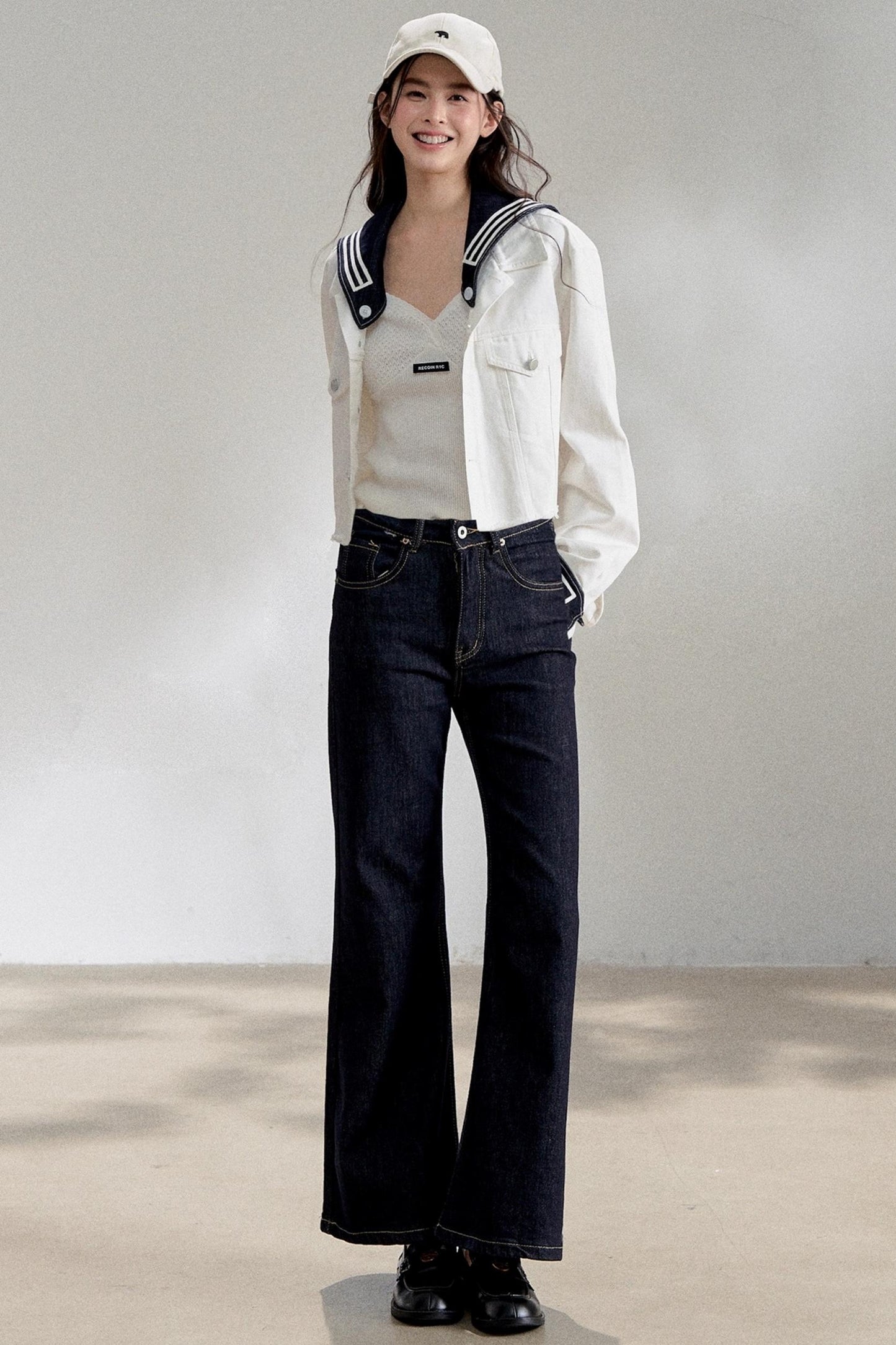 White Navy Short Denim Jacket Set-Up