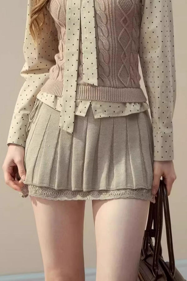 Polka Dot Patchwork Shirt And Skirt Set-Up