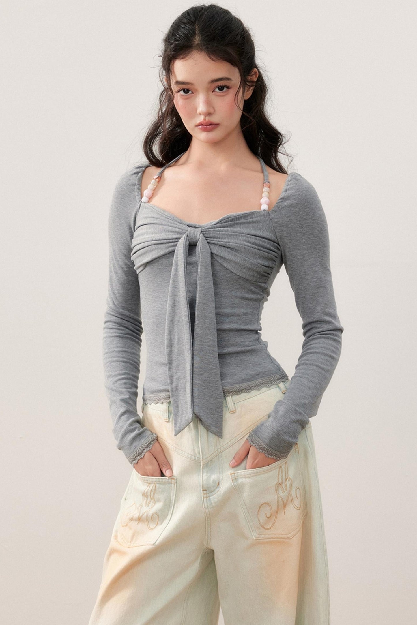 Pleated Bow Beaded Halterneck Top