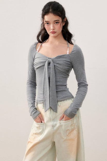 Pleated Bow Beaded Halterneck Top
