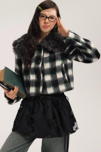 Plaid Wool Fur Collar Jacket