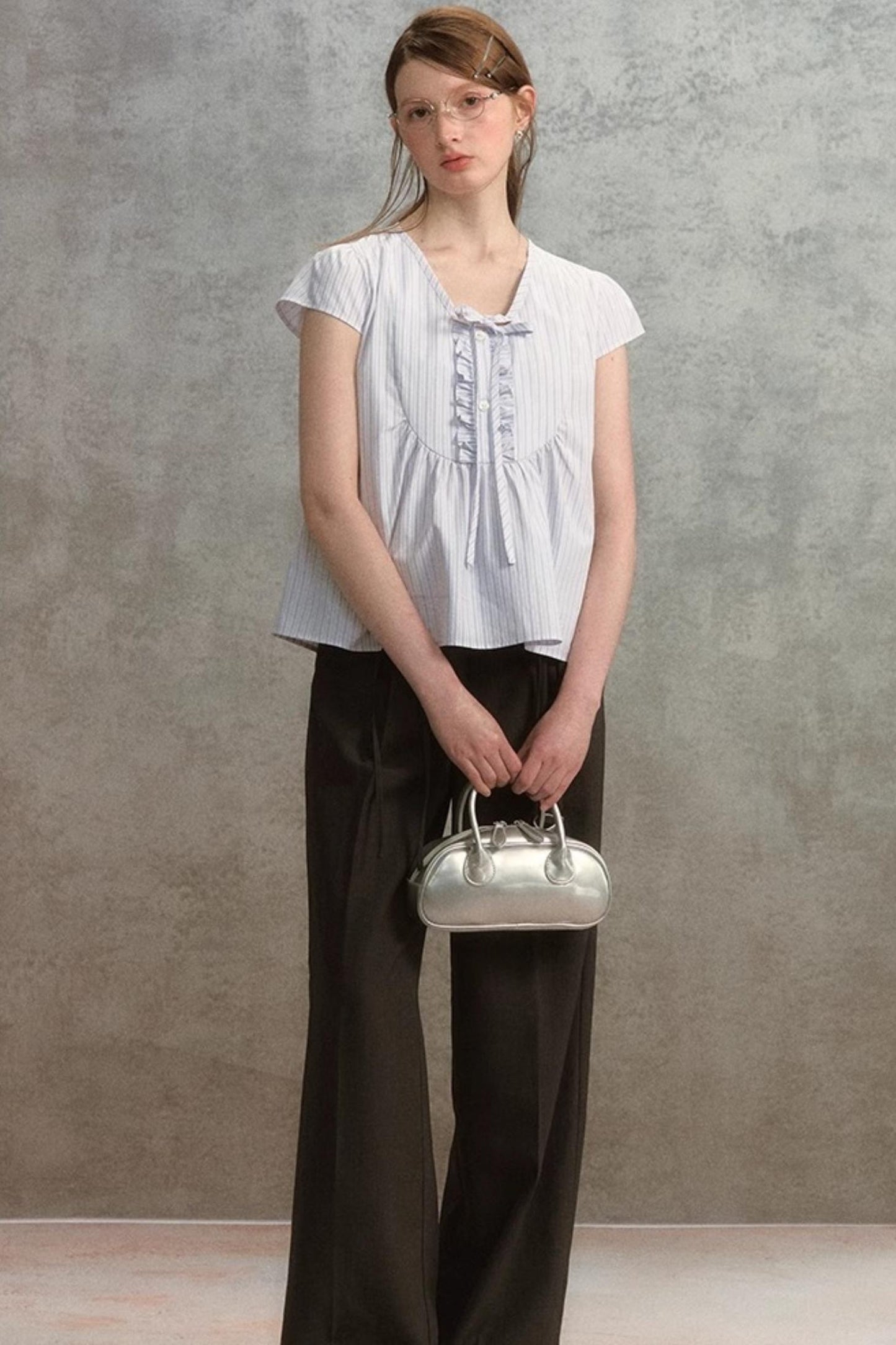 Striped V-Neck Lace Blouse