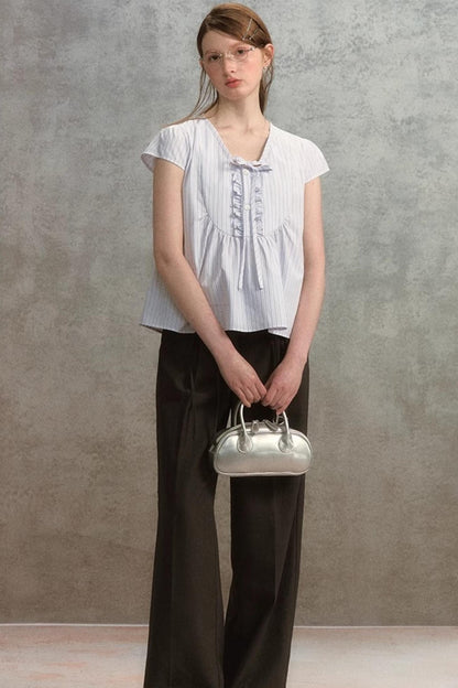 Striped V-Neck Lace Blouse