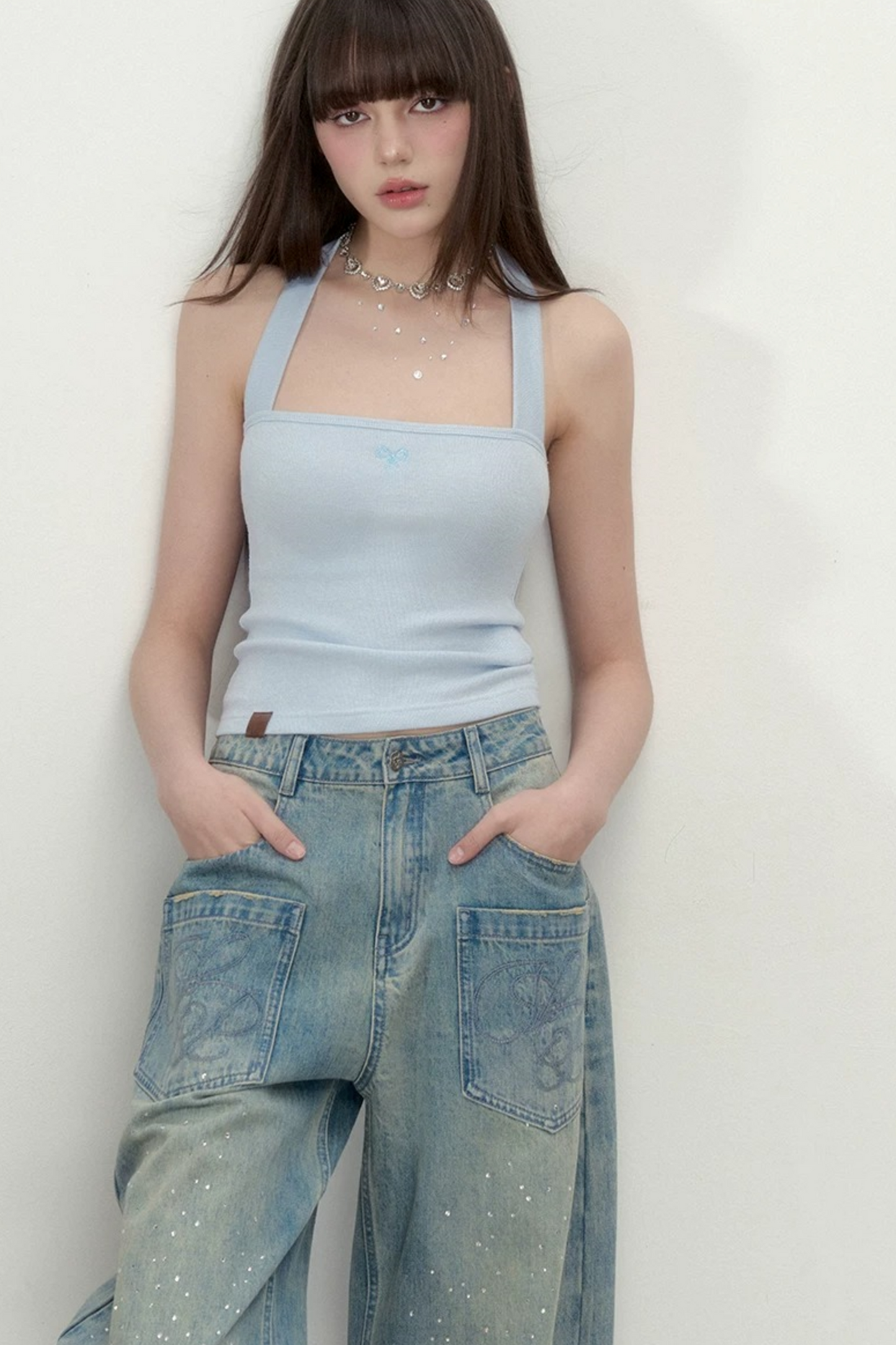 Heavy Embroidery Bow Halter Tank Top