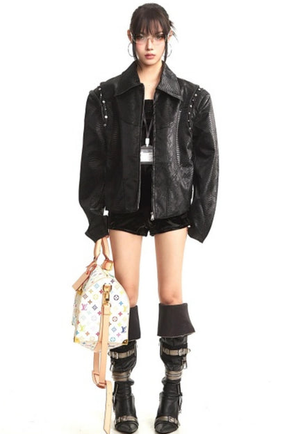 Retro Shoulder-Padded Leather Jacket