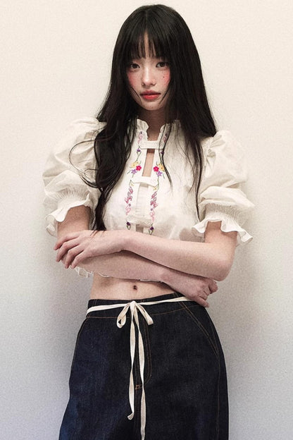 Linen Bubble Sleeve Blouse