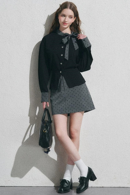 Gray Polka Dot Pullover Shirt and Half-Length Skirt Set-Up