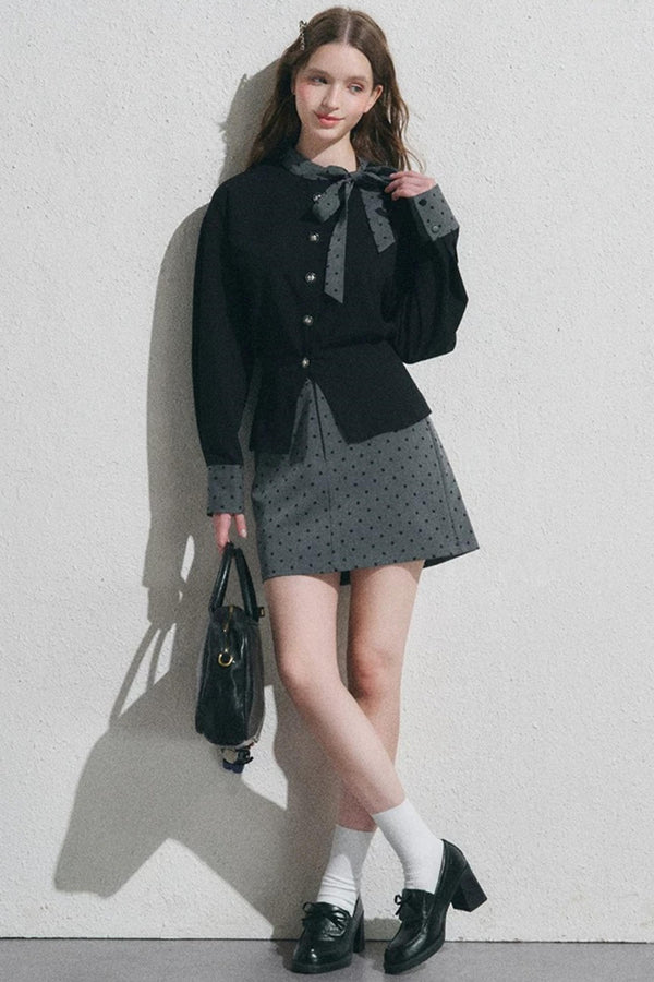 Gray Polka Dot Pullover Shirt and Half-Length Skirt Set-Up