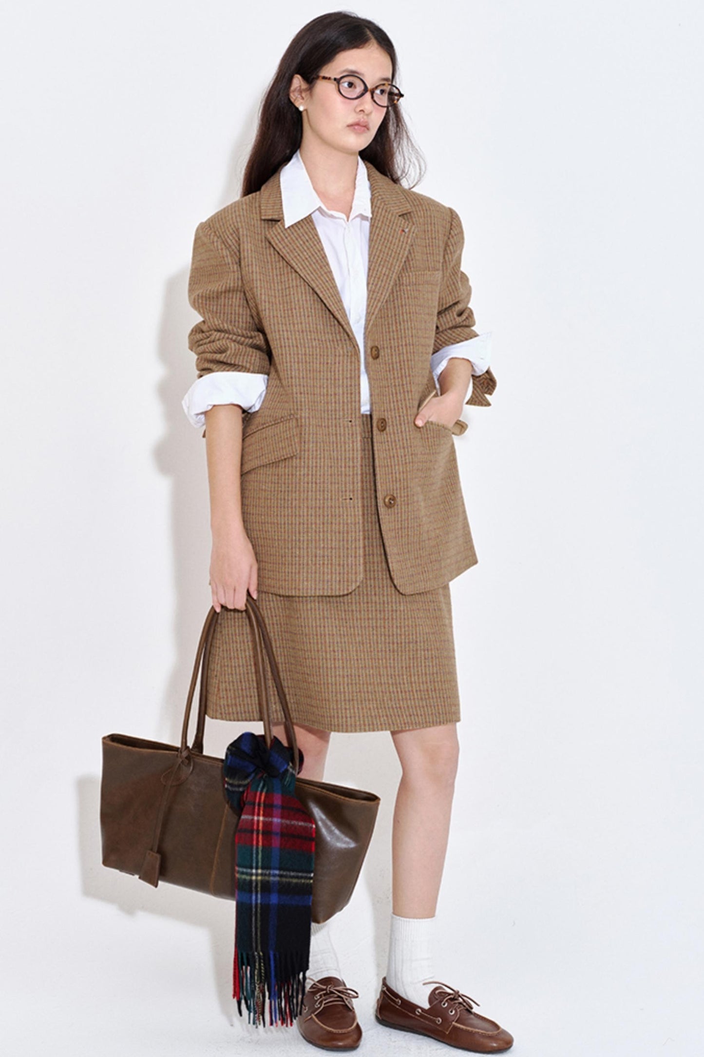 Color Block Plaid Suit Jacket