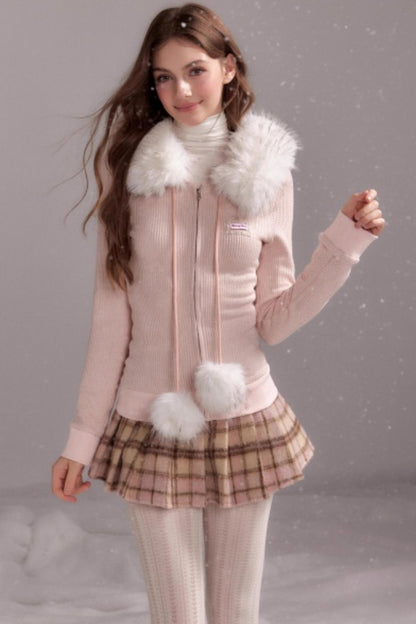 Knit Slim Detachable Fur Hooded Jacket
