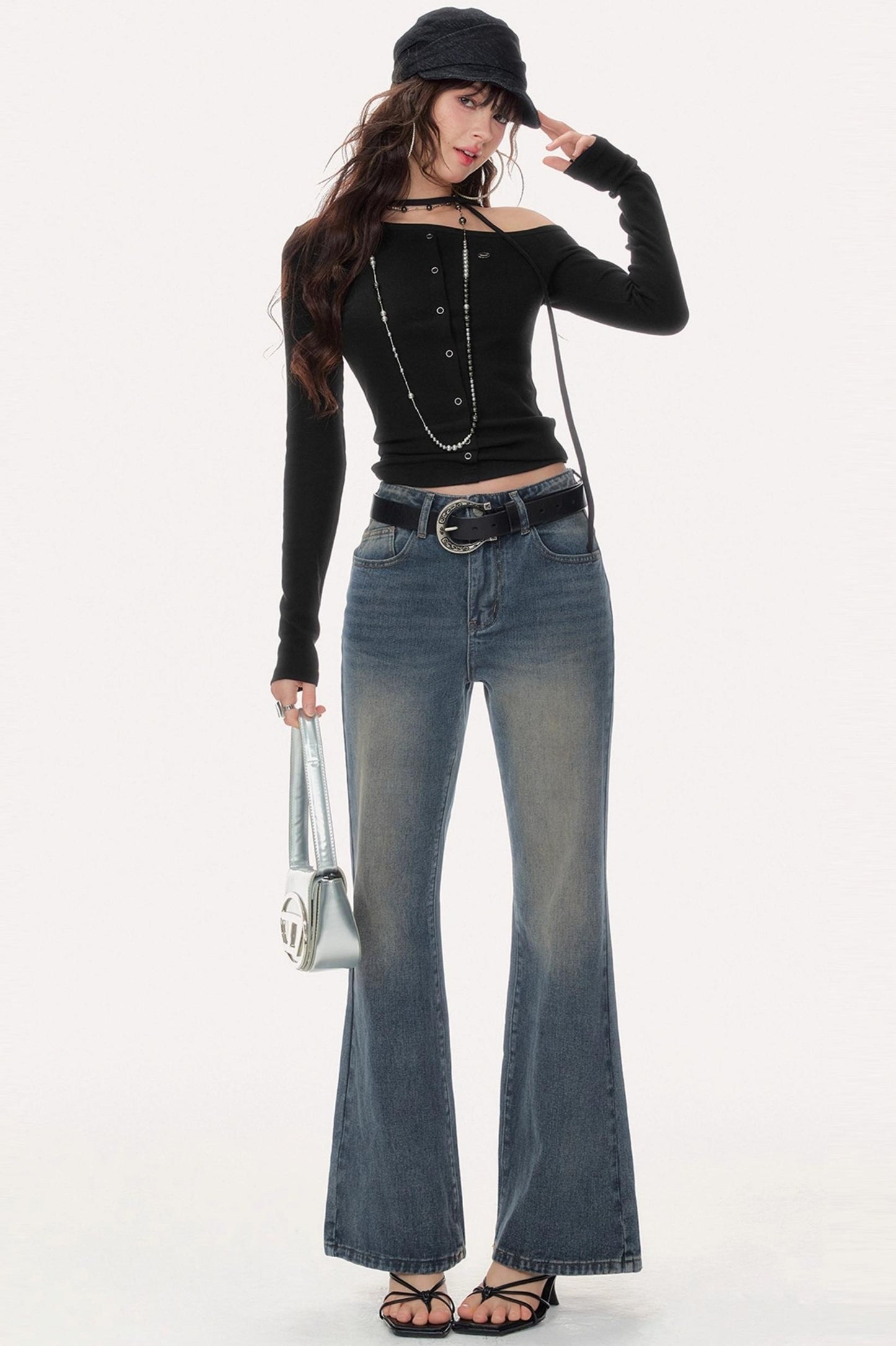 Retro V-Shaped High-Waisted Slim Jeans