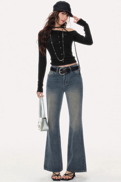 Retro V-Shaped High-Waisted Slim Jeans