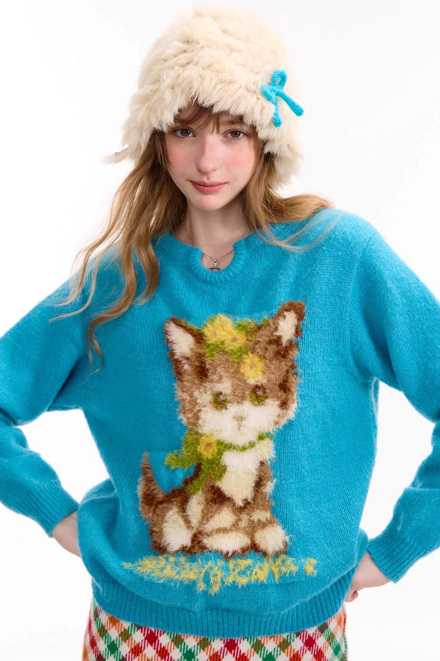 Cat Pattern Blue U Neck Sweater