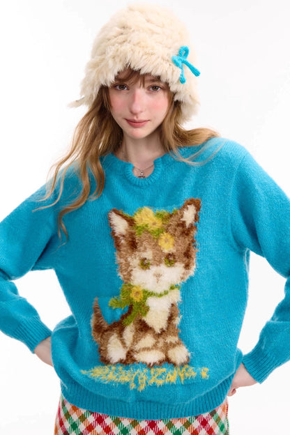 Cat Pattern Blue U Neck Sweater