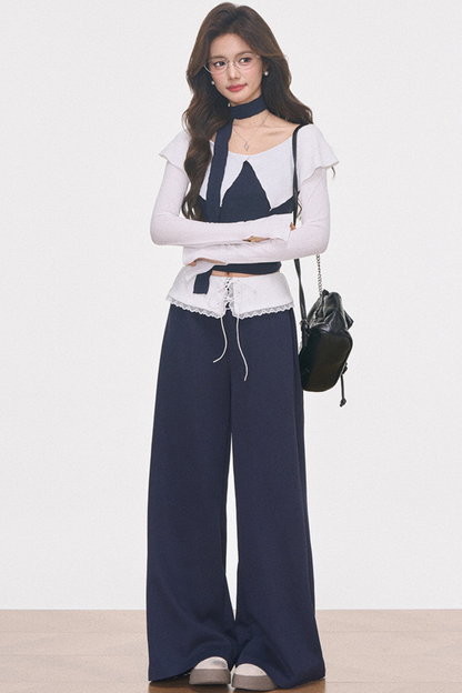 화이트 니트 원숄더 탑 셋업