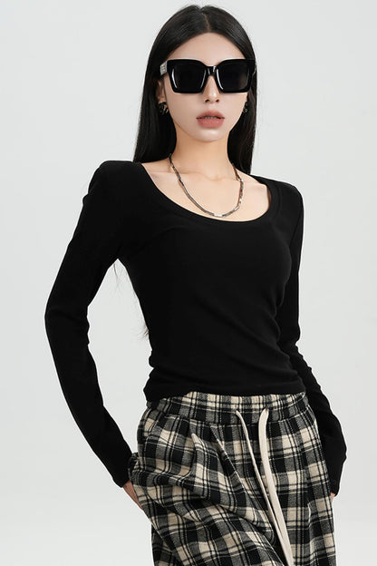 SRYSAME back open waist design sense round neck long sleeve T-shirt base layer with black top under the new autumn women's wear