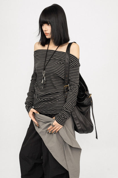 Spice Girl Striped One-Shoulder T-Shirt